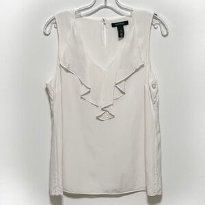 White House Black Market Versatile Cream ruffled V-Neck silk Sleeveless Blouse